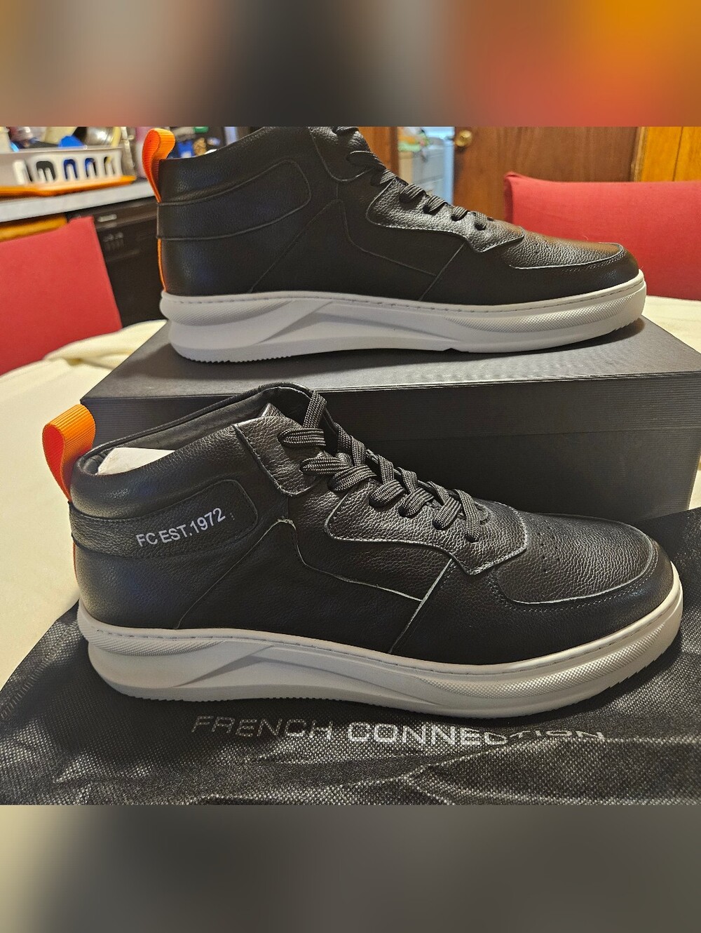 French Connection Black High-Top Sneakers with White Sole and Orange Pull Tab